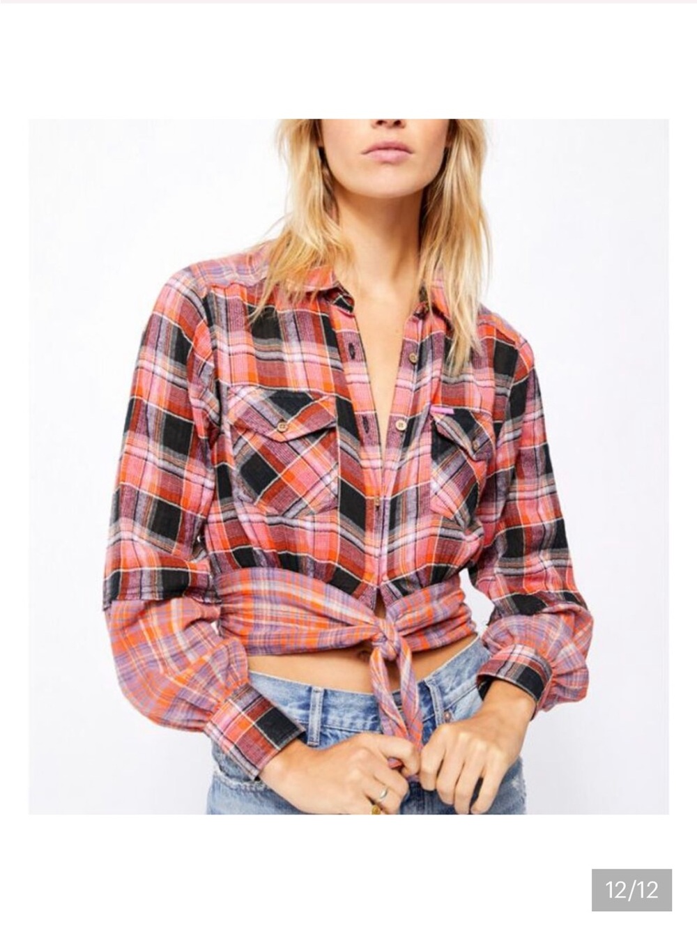 WE THE FREE- First Bloom Crop  Plaid Tie-Front Washed Pop Boho Button up, Sz M